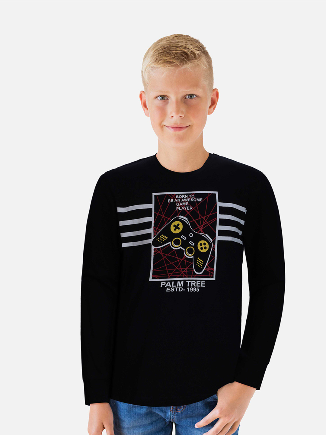 Palm Tree Boys Black & White Printed Regular Fit T-shirt