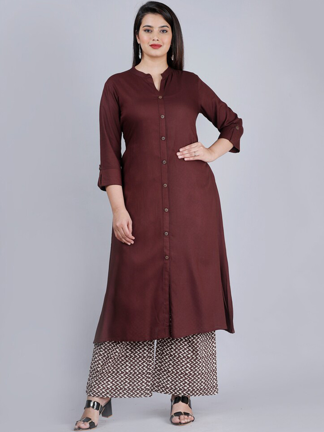 MAUKA Women Brown Solid Kurta With Printed Palazzo Set