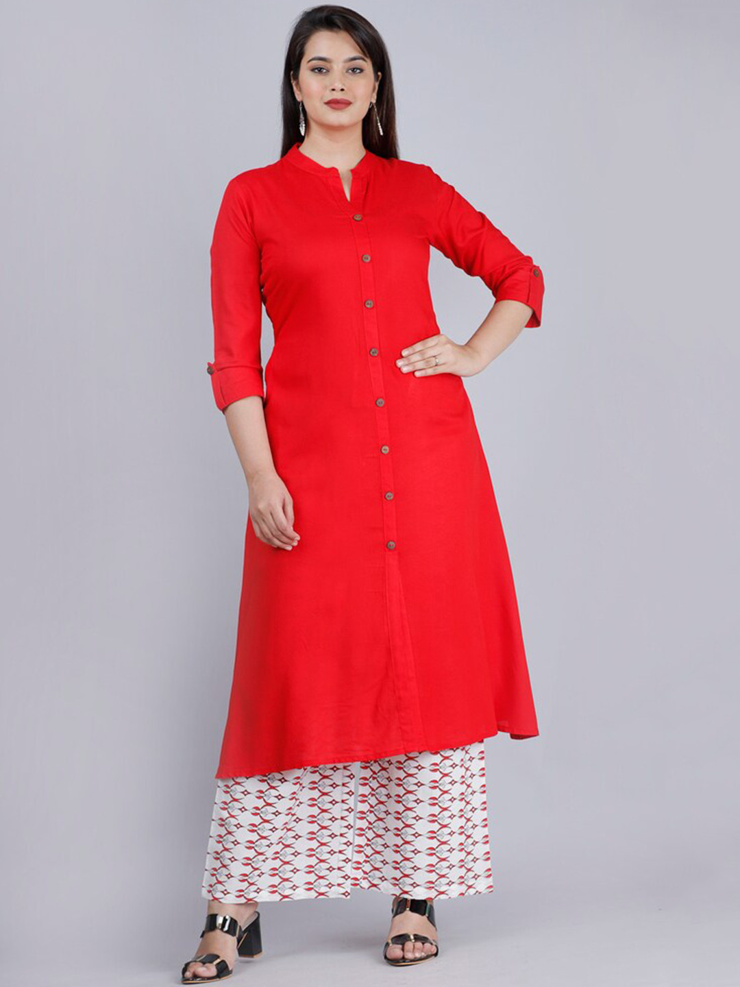 MAUKA Women Red A-Line Kurta With Palazzos