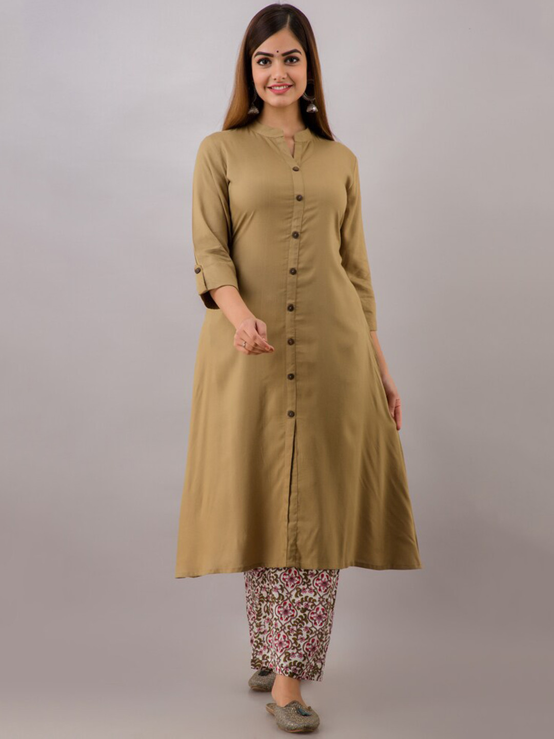 MAUKA Women Khaki A-line solid kurta printed palazzo Kurta set