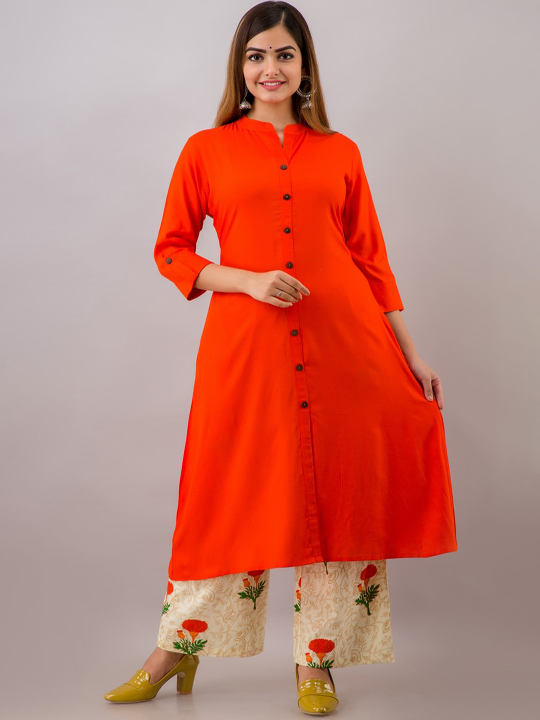 MAUKA Women Orange & Cream Kurta with Palazzo