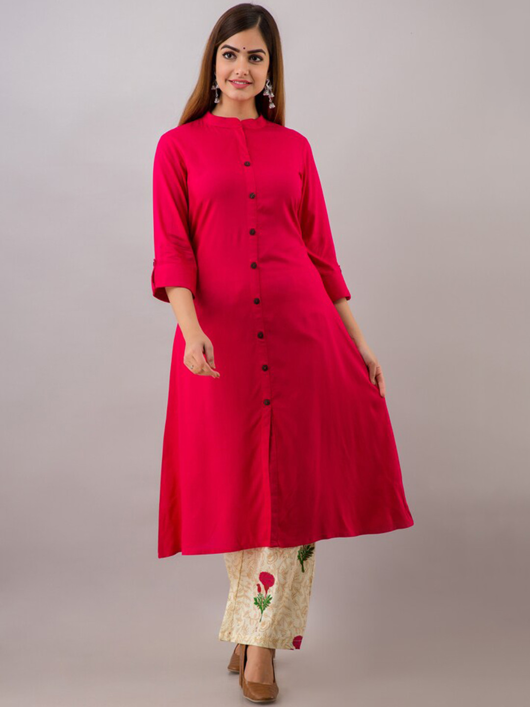 MAUKA Women Pink Solid Kurta with Floral printed palazzo