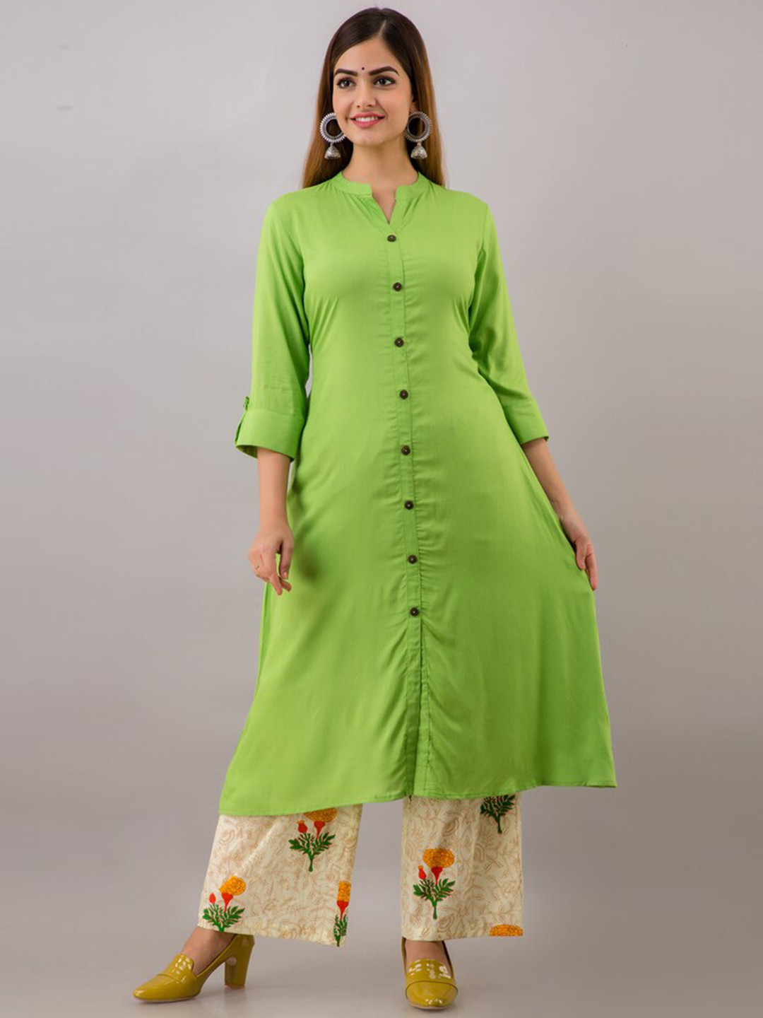MAUKA Women Green & Cream Kurta with Palazzo