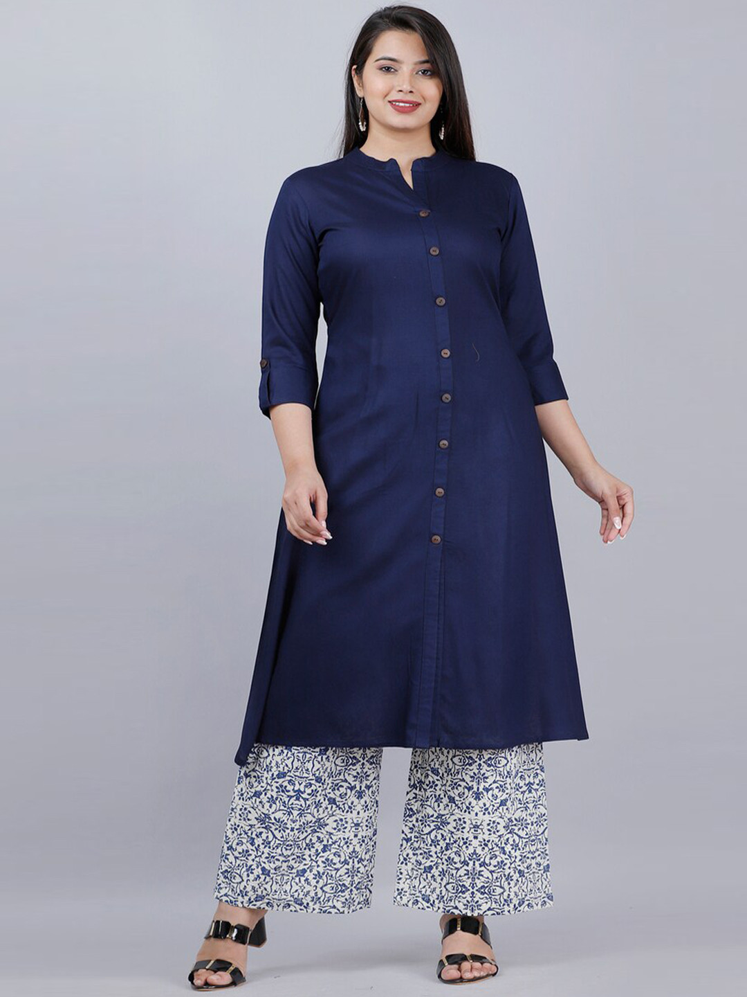 MAUKA Women Navy Blue Solid Kurta with Printed Palazzo