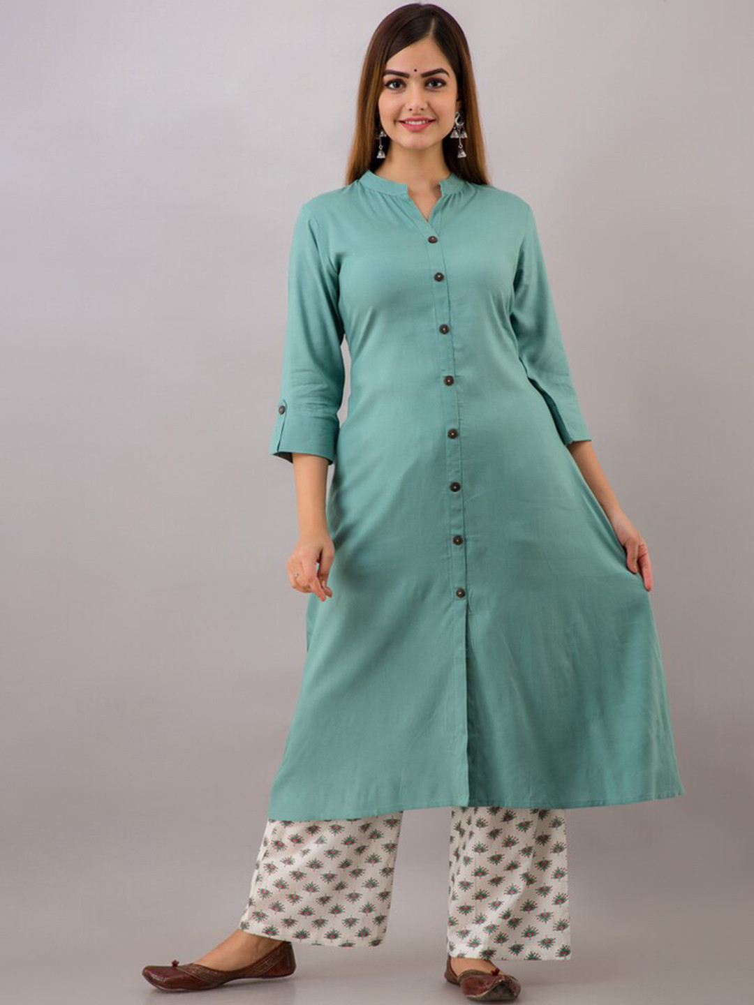 MAUKA Women Turquoise Blue Panelled Kurta with Palazzos