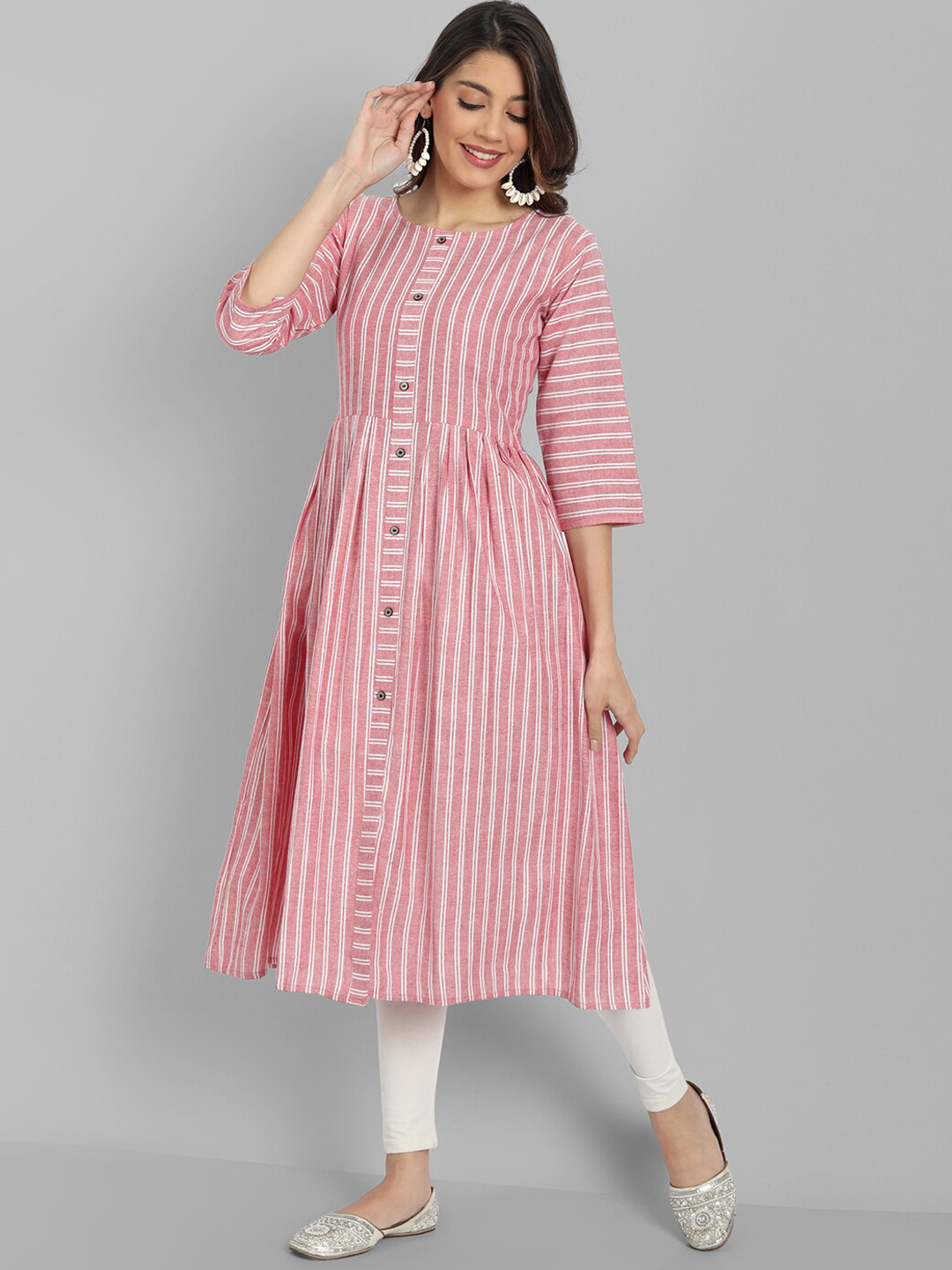 HETSA Women Red Striped Cotton Blend Front Slit Kurta