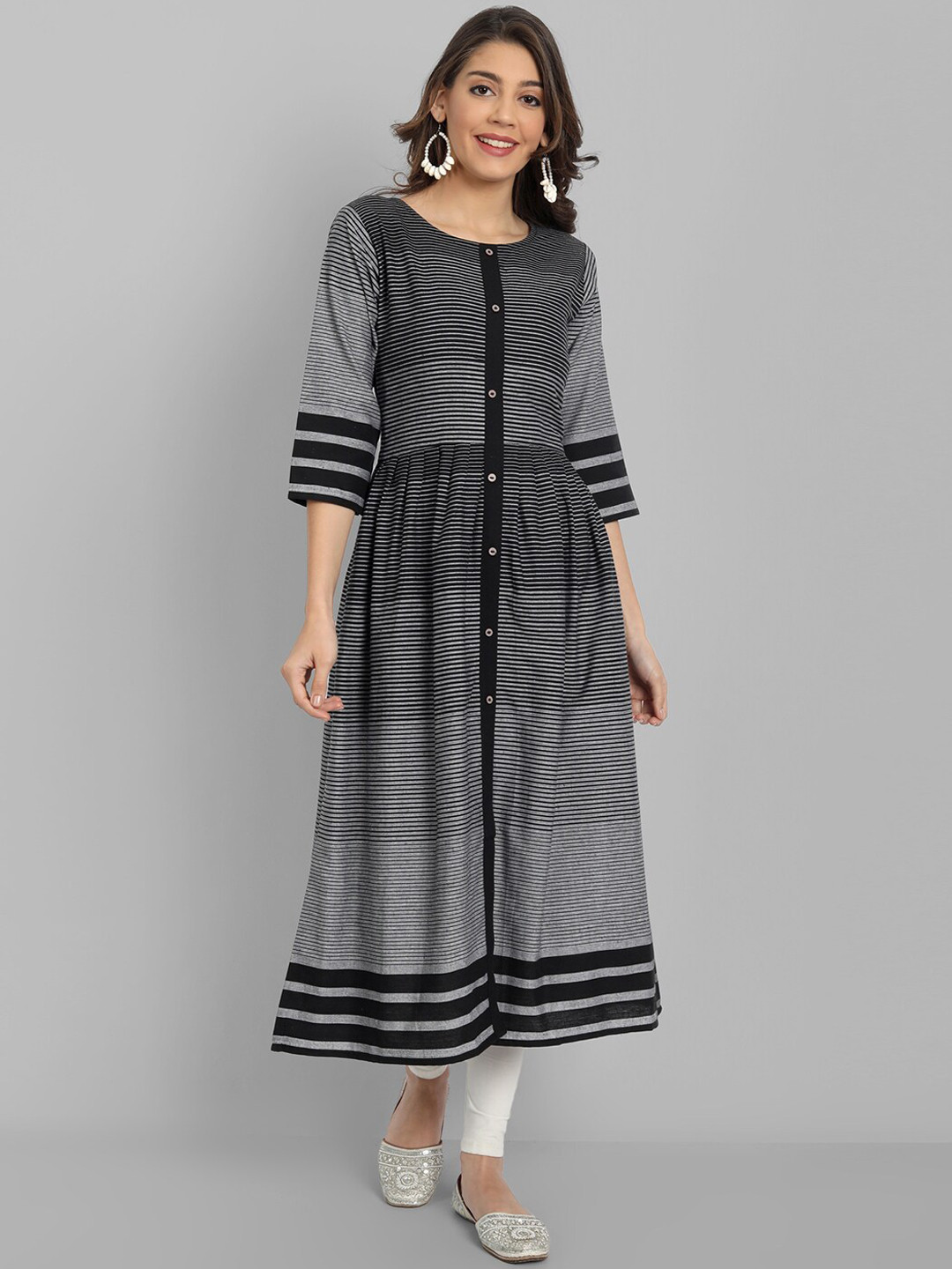 HETSA Women Black Striped Cotton Blend Front Slit Anarkali Kurta