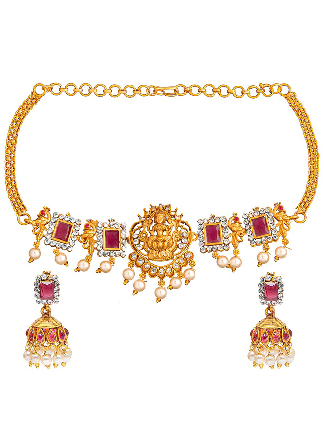 Shining Jewel - By Shivansh Gold-Plated Maroon  Lakshmi Temple Jewellery Set