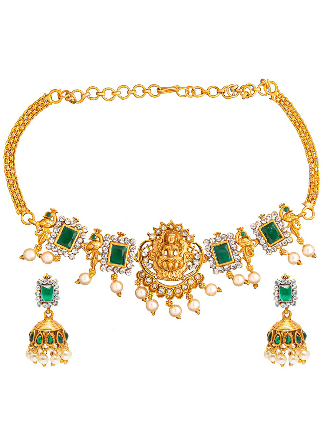 Shining Jewel - By Shivansh Gold-Plated & Green Stone Studded Choker Jewellery Set
