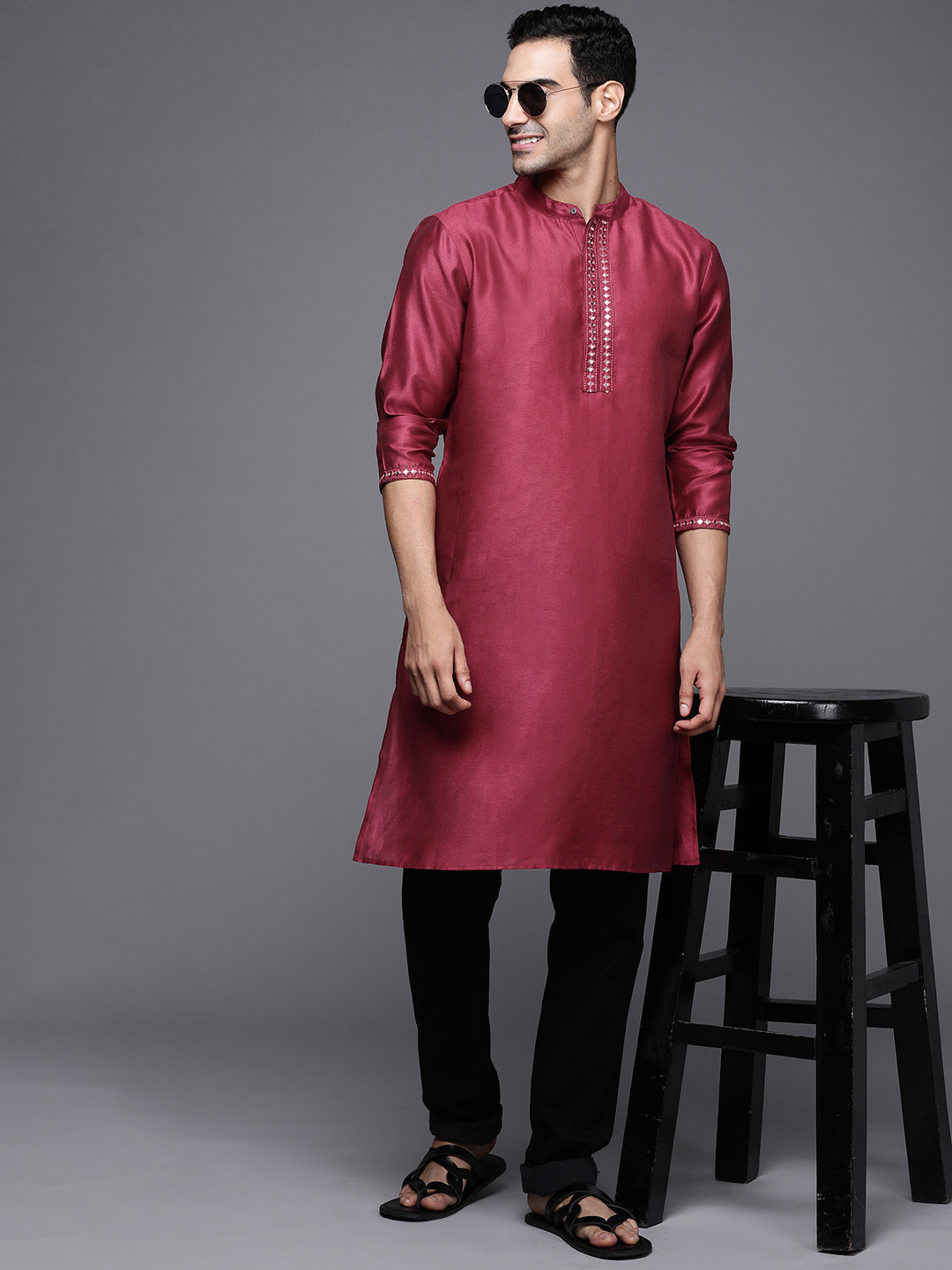Indo Era Men Burgundy Mirror Work Kurta