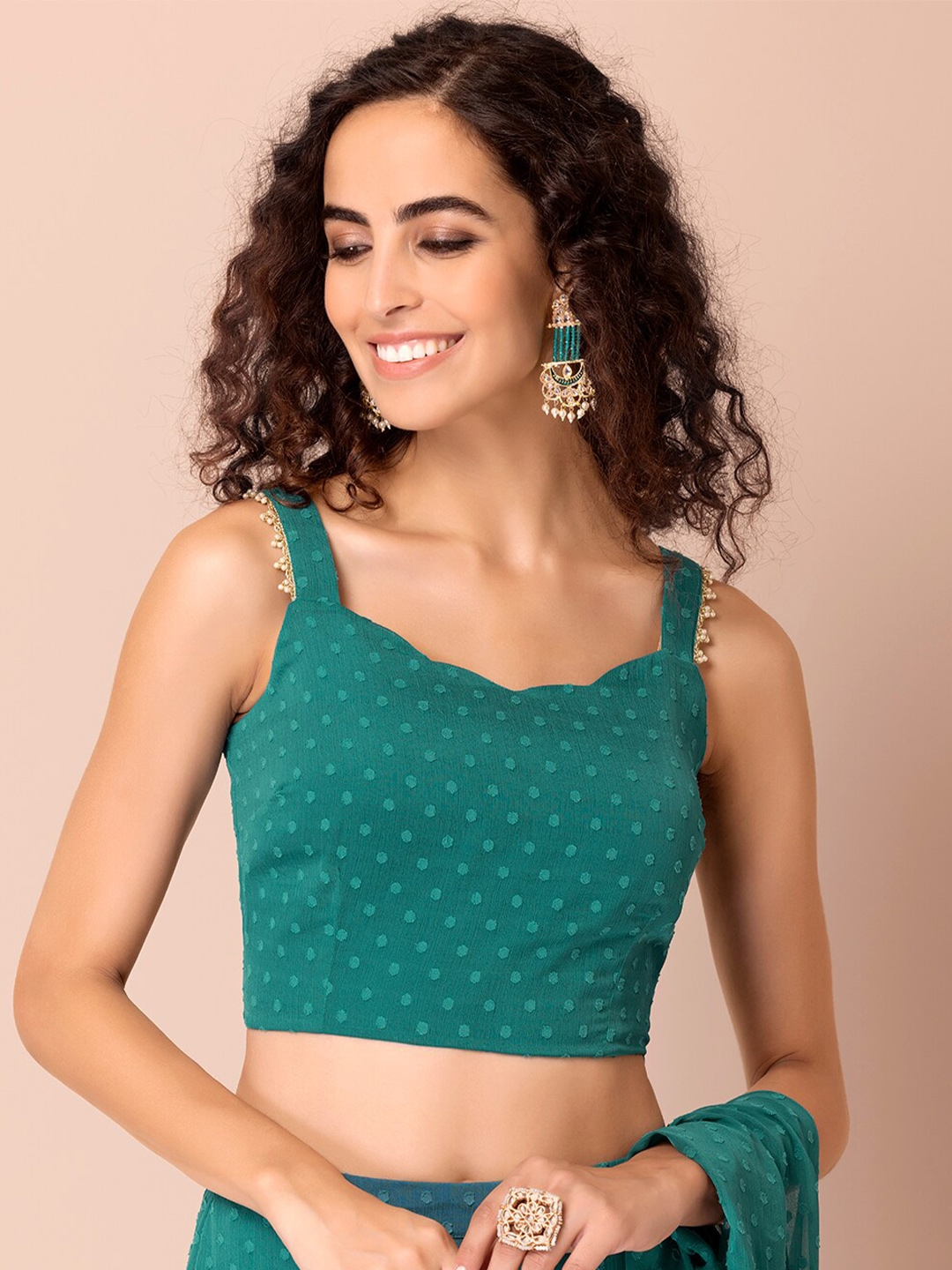 Buy INDYA Women Green Woven Design Swiss Crop Tops Tops for