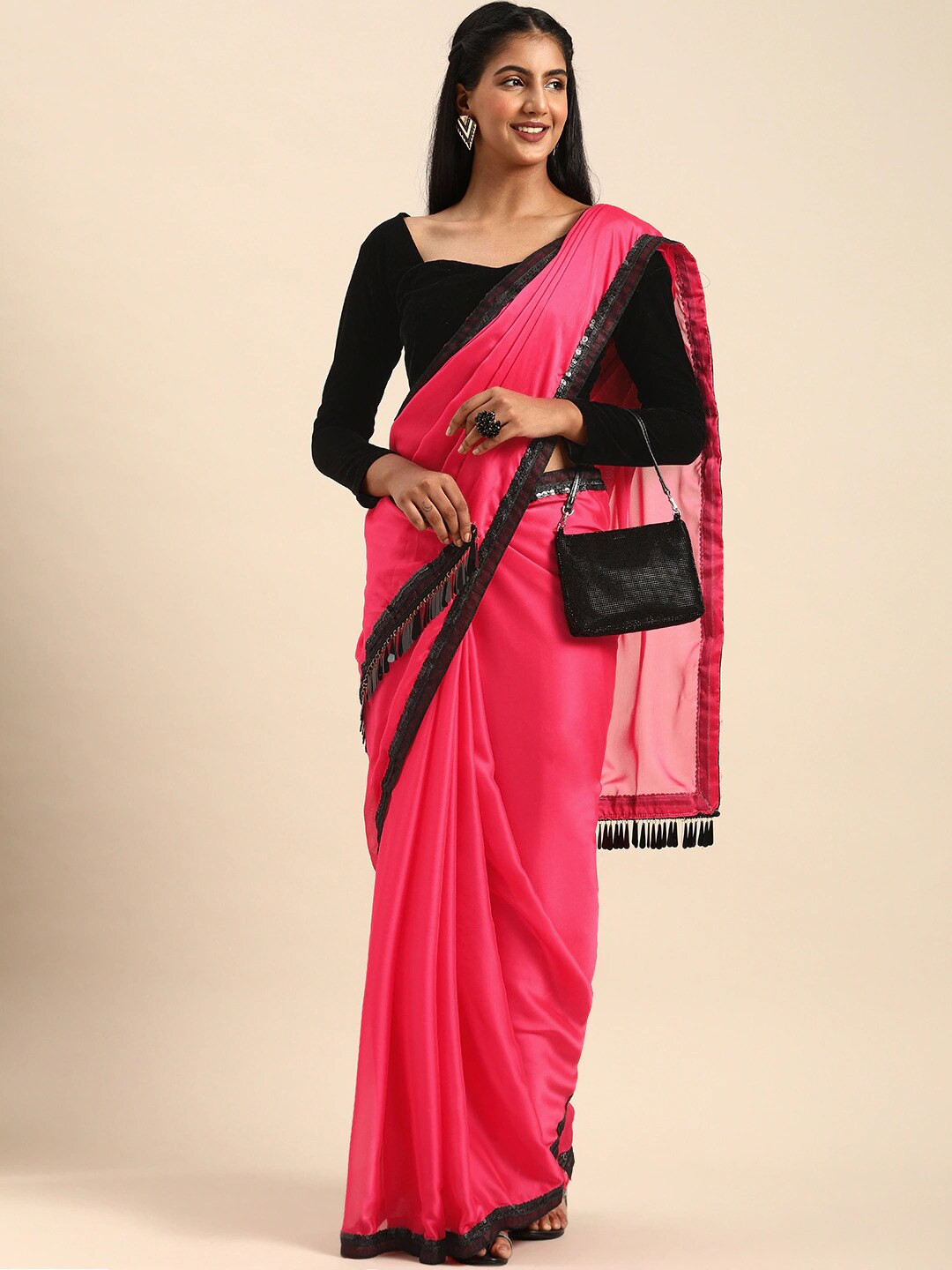 Sangria Women Pink Satin Embellished Fancy Lace Party Saree