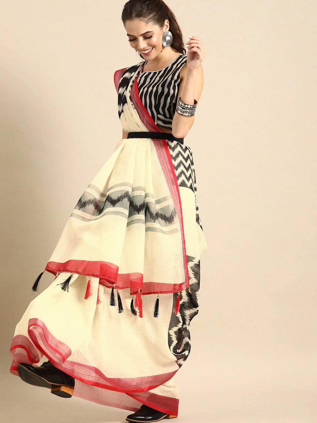 Sangria Cream-Coloured & Black Striped Pure Linen Saree