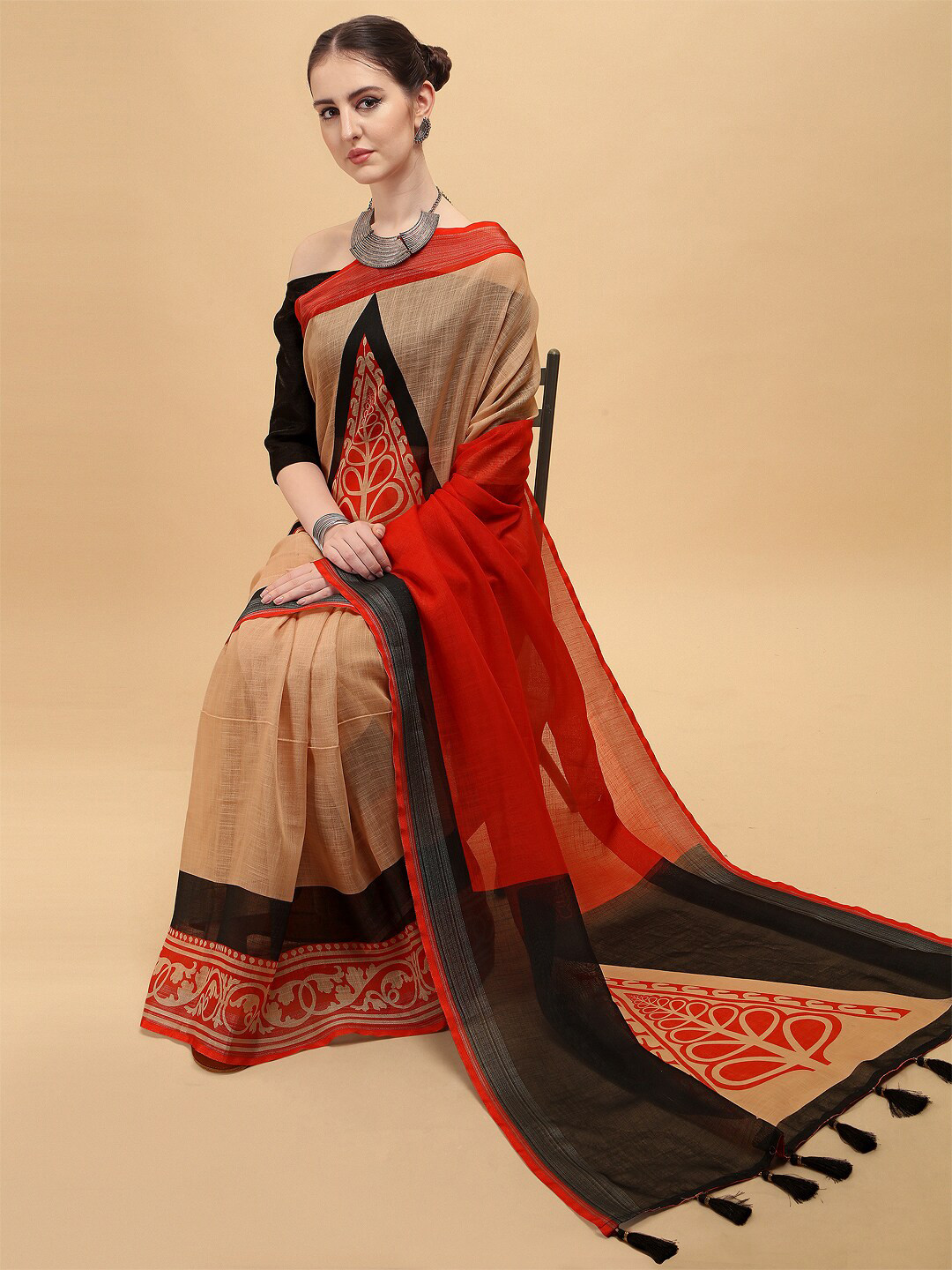 Sangria Beige & Orange Zari Pure Linen Paisley Work Wear Saree