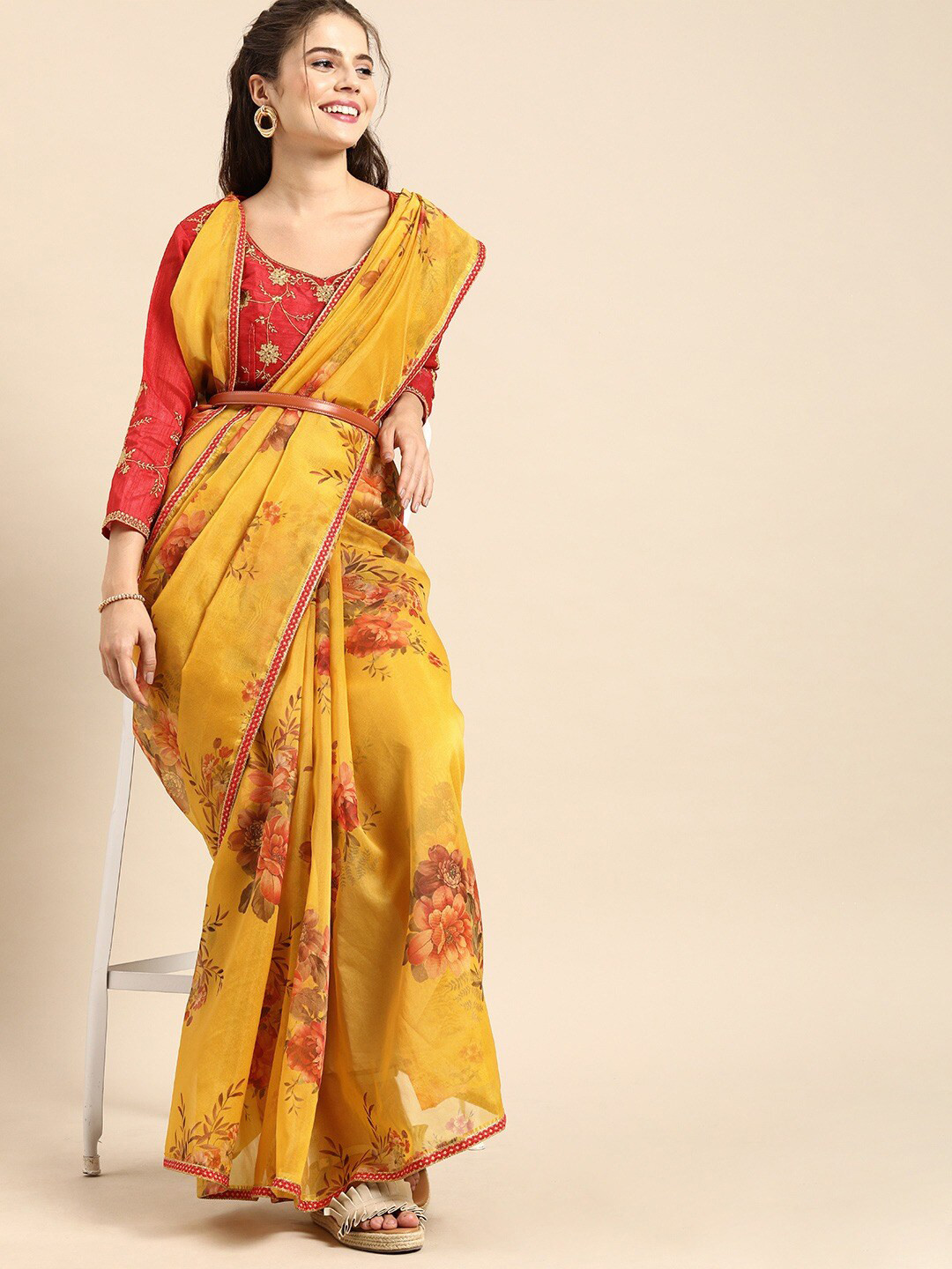 Sangria Women Mustard & Pink Floral Embroidered Organza Saree Blouse piece