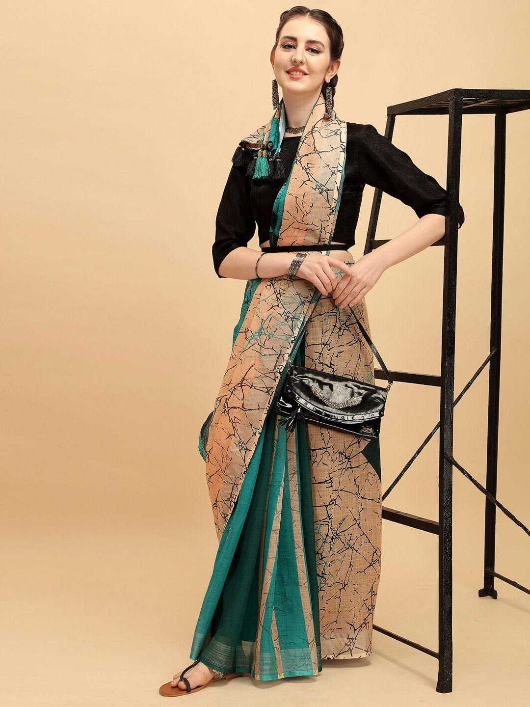 Sangria Beige & Green Tie and Dye Pure Linen Saree