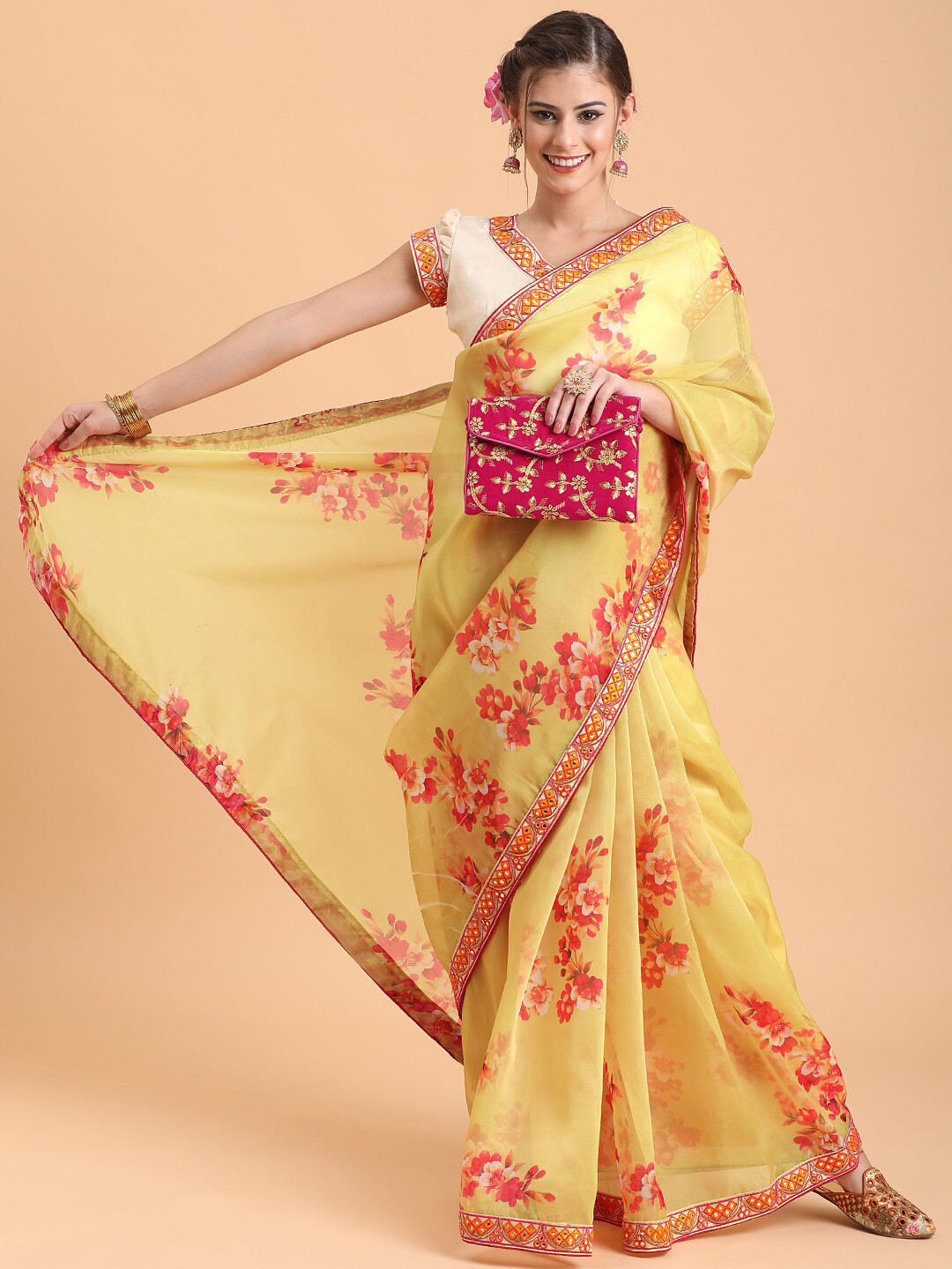 Sangria Gold-Toned & Pink Floral Sequinned Organza Saree