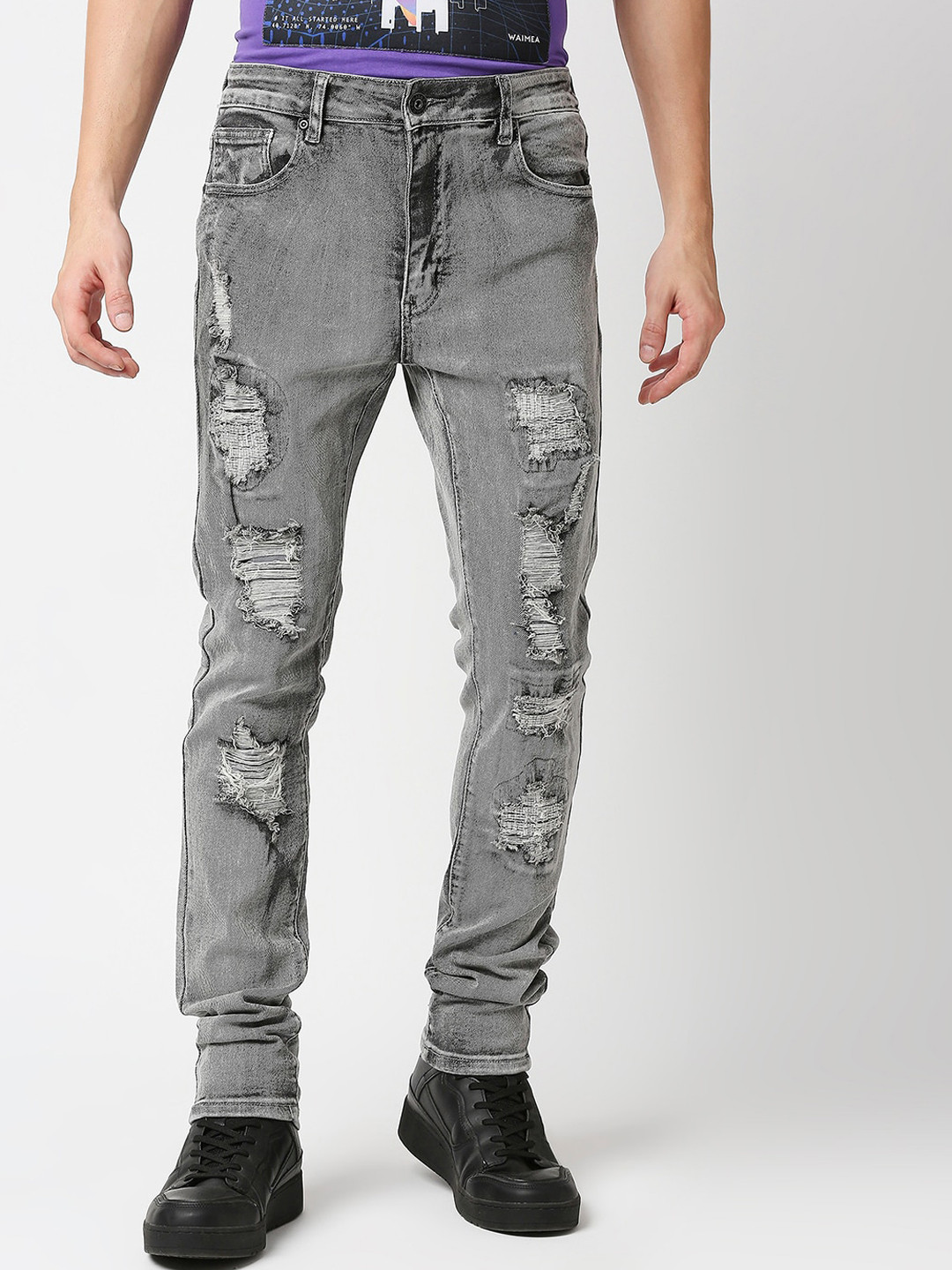 WAIMEA Men Grey Skinny Fit Highly Distressed Heavy Fade Stretchable Denim Jeans
