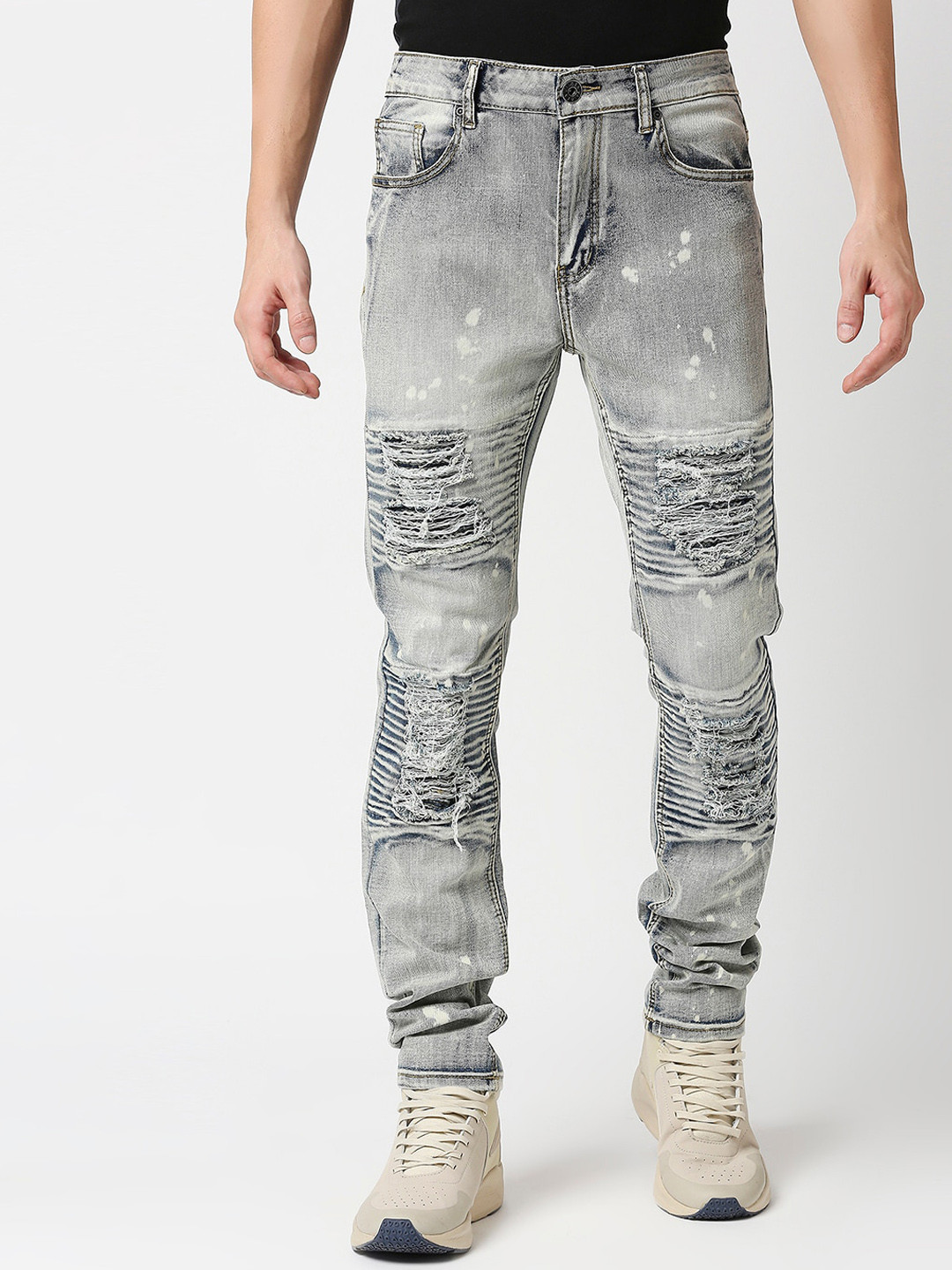 WAIMEA Men Grey Skinny Fit Highly Distressed Heavy Fade Bleached Stretchable Jeans