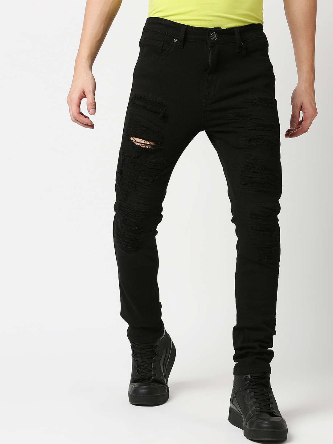 WAIMEA Men Black Skinny Fit Highly Distressed Stretchable Jeans