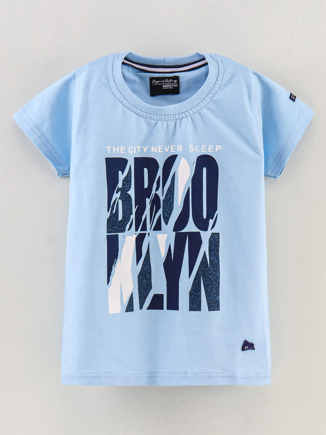 Noddy Boys Turquoise Blue Typography Printed Cotton T-shirt