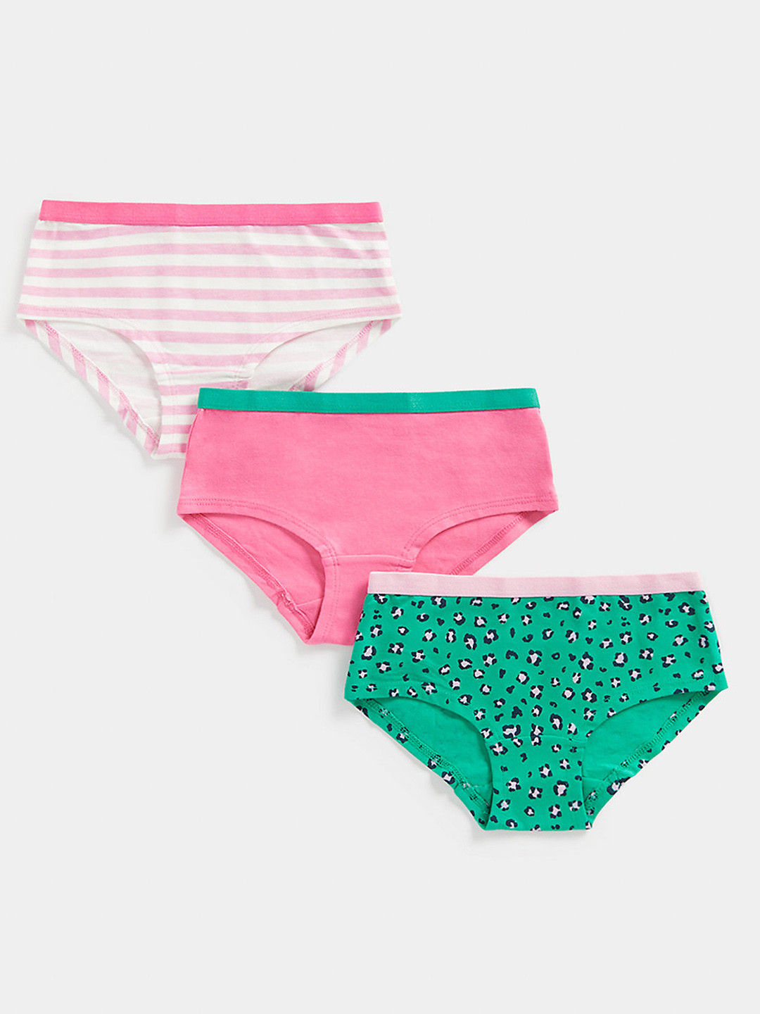 mothercare Infant Girls Pink & Green Pack Of 3 Striped & Printed Mid-Rise Hipsters