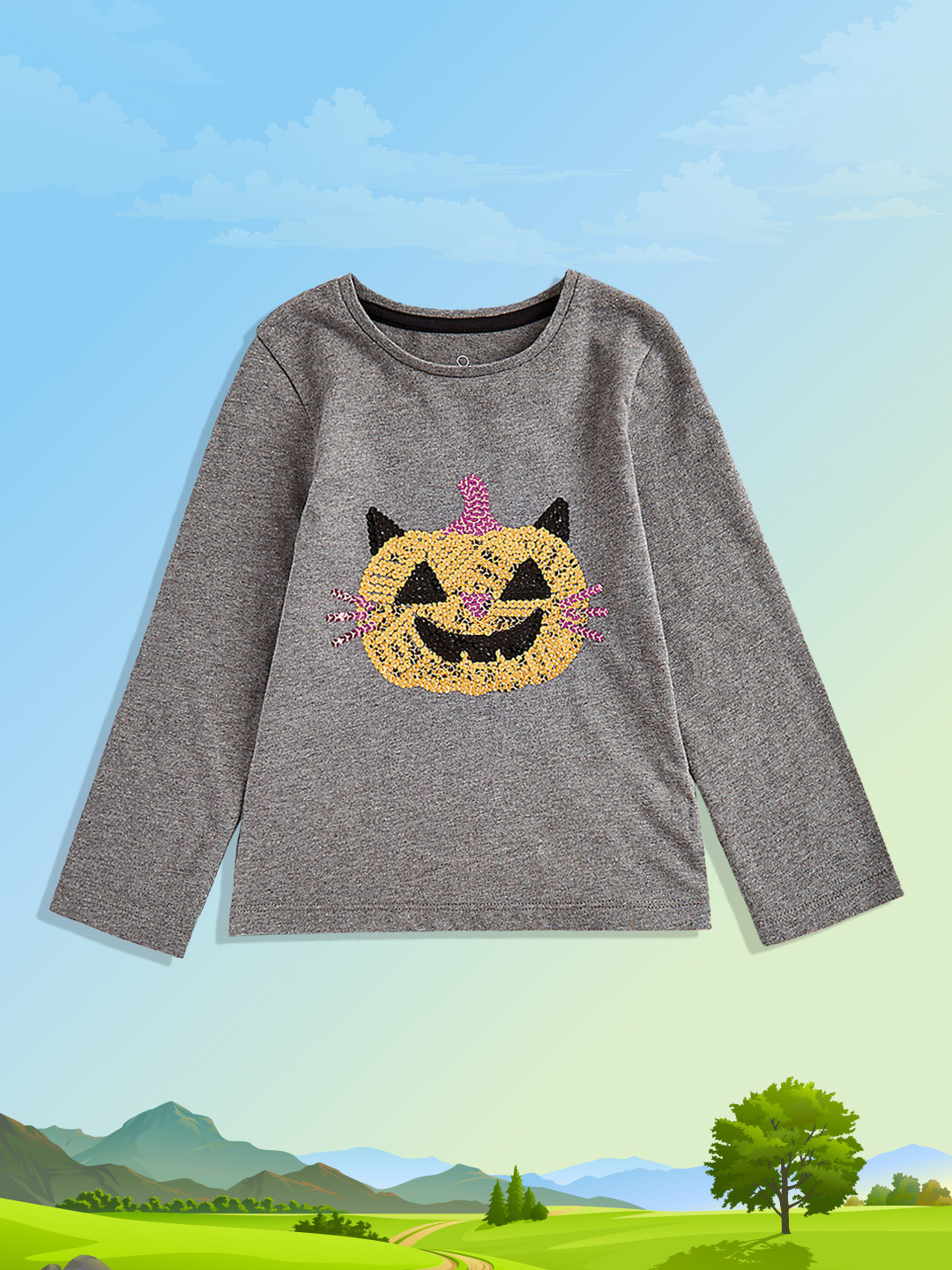 mothercare Girls Grey Embellished Halloween Design Pure Cotton Regular Top
