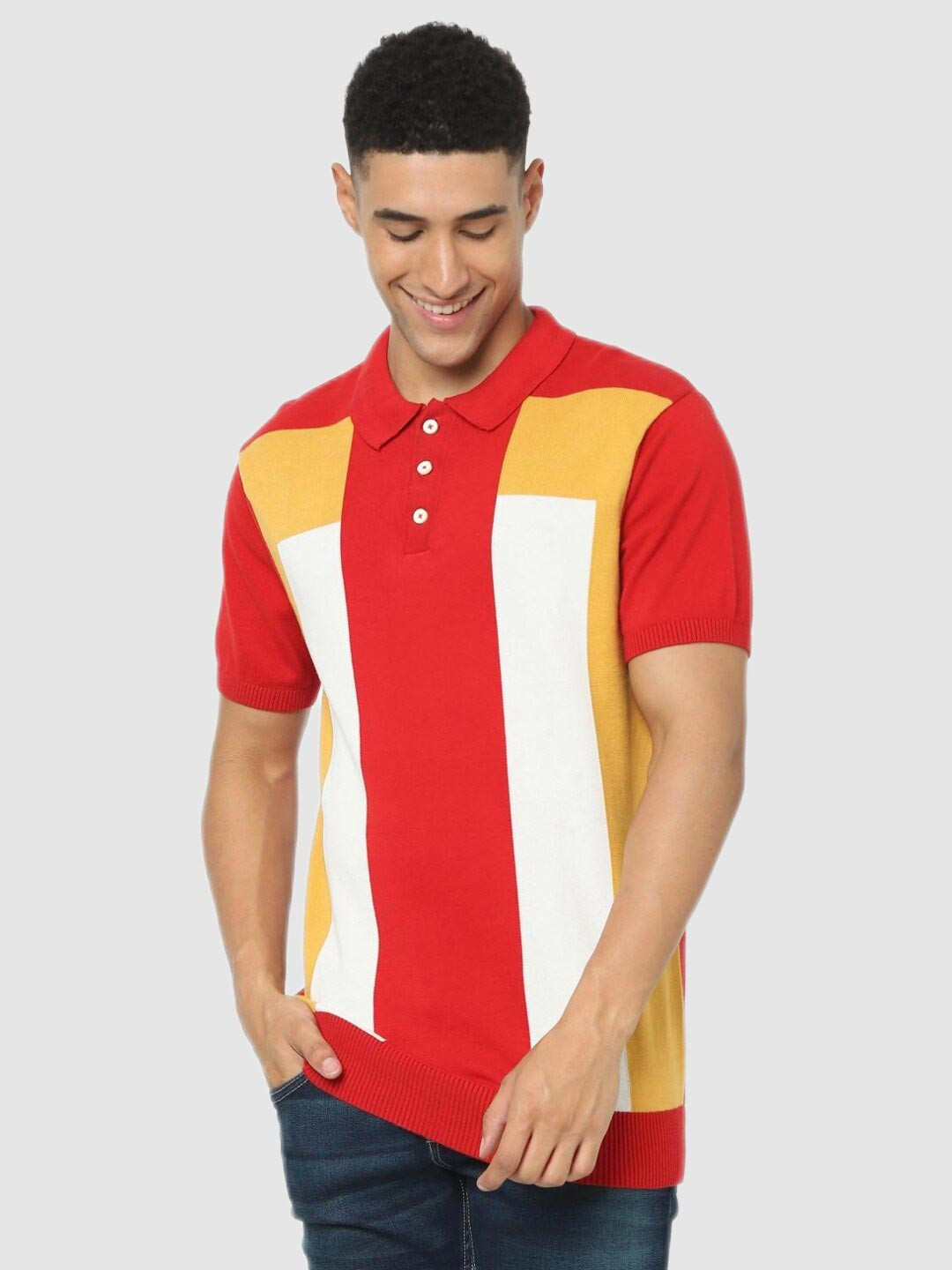 Celio Men Orange & Yellow Colourblocked Polo Collar Regular Fit T-shirt