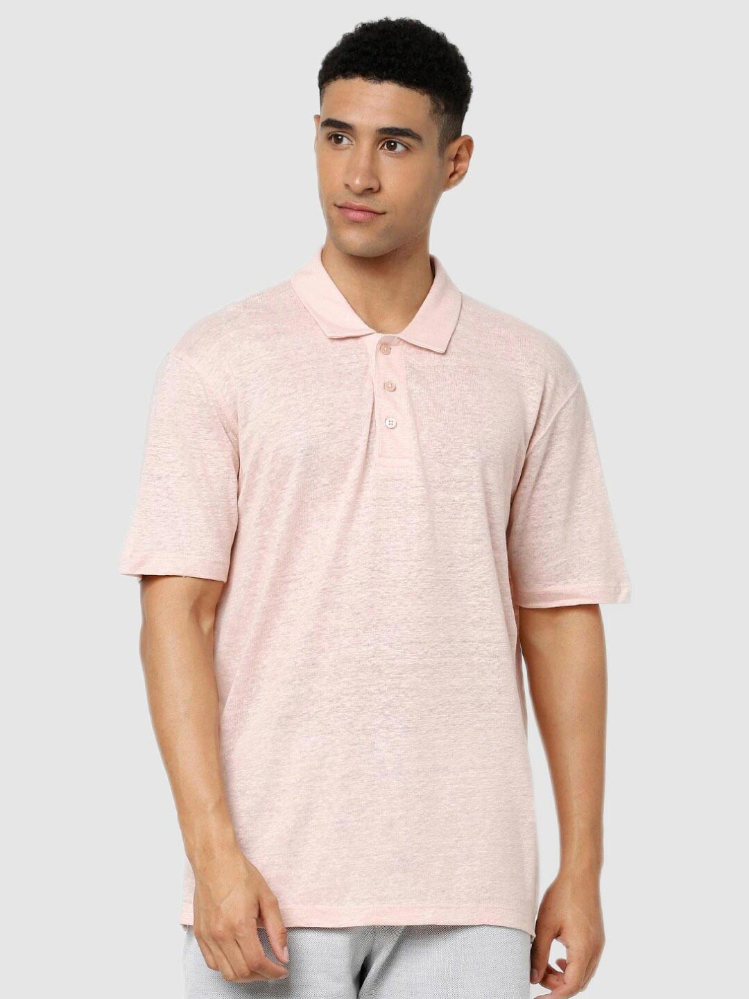 Celio Men Pink V-Neck Extended Sleeves Linen T-shirt