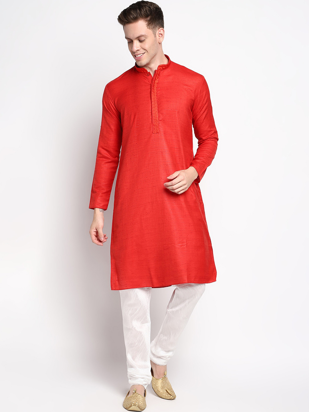 DEVOILER Men Red Solid Cotton Kurta