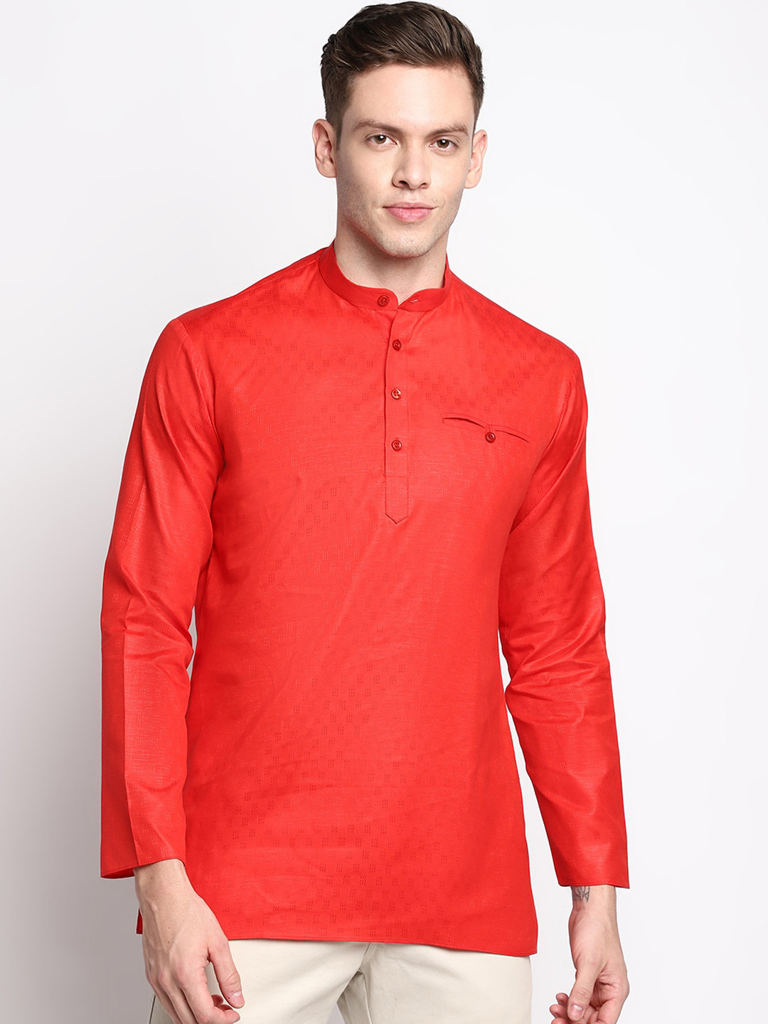 DEVOILER Men Red Cotton Kurta