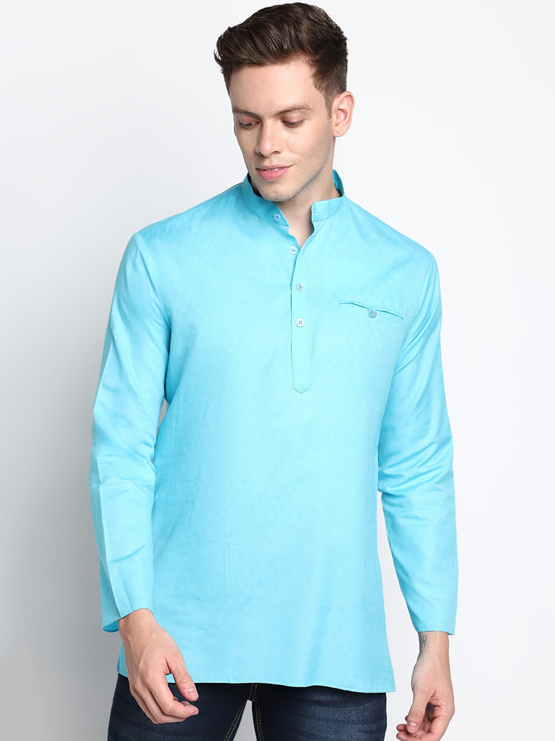DEVOILER Men Sky Blue Self Design Cotton Short Kurta