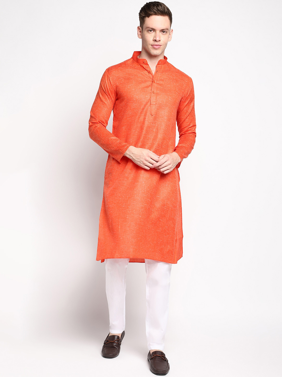 DEVOILER Men Orange Self Design Cotton Kurta