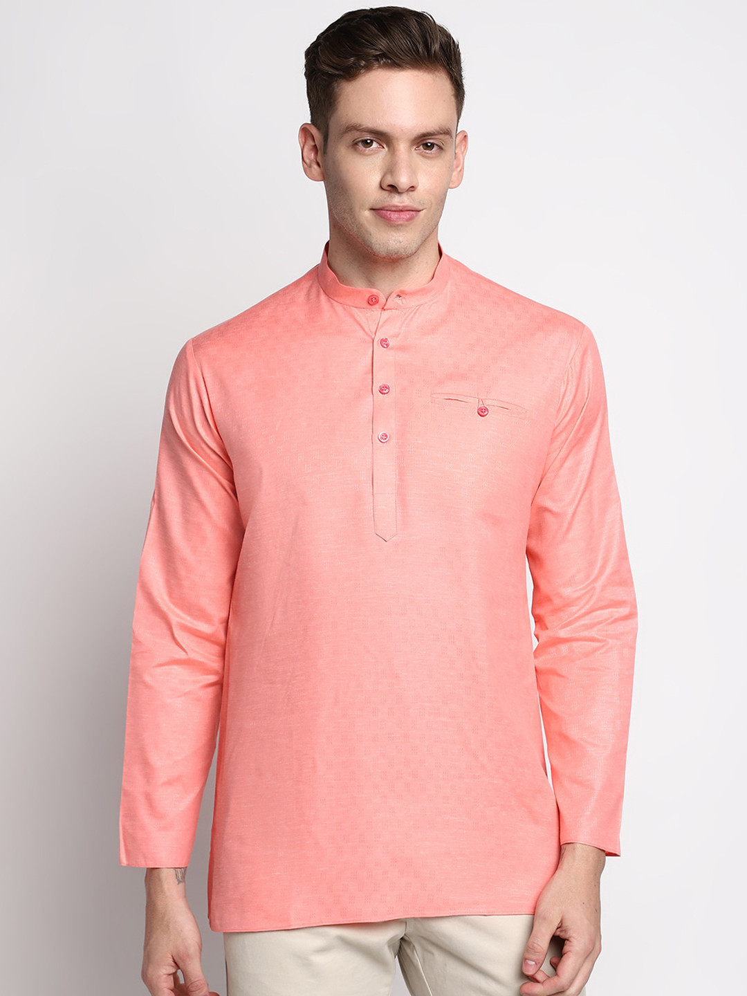 DEVOILER Men Pink Cotton Short Kurta