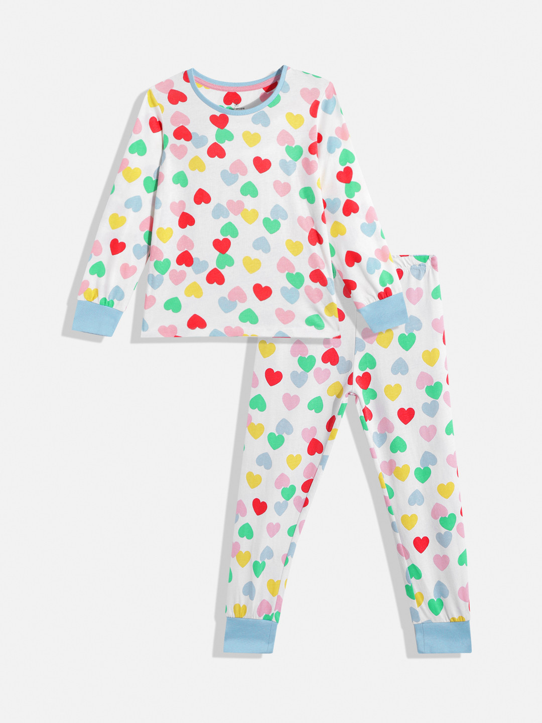 mothercare Girls White & Blue Heart Print Pure Cotton Pyjama Set