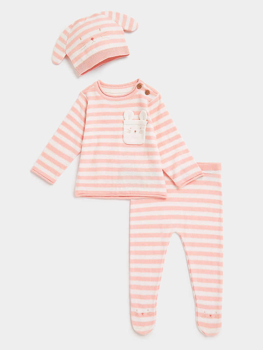 mothercare Infant Girls Pink Striped T-shirt with Trousers With Beanie