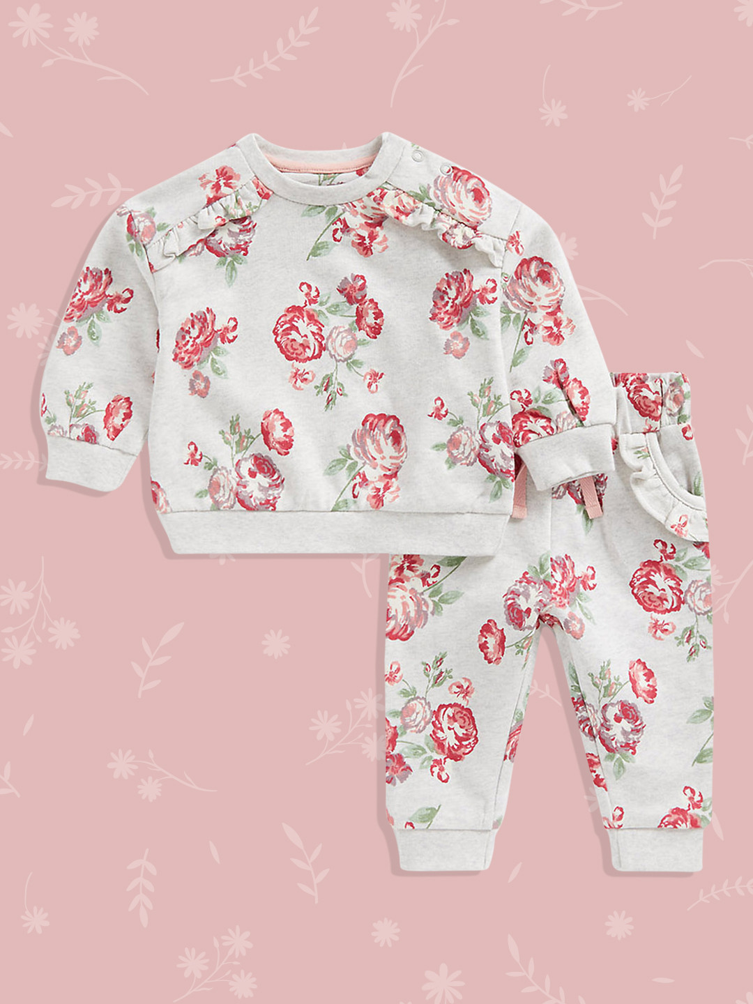 mothercare Infant Girls Grey Melange & Red Floral Print Pure Cotton T-shirt with Joggers