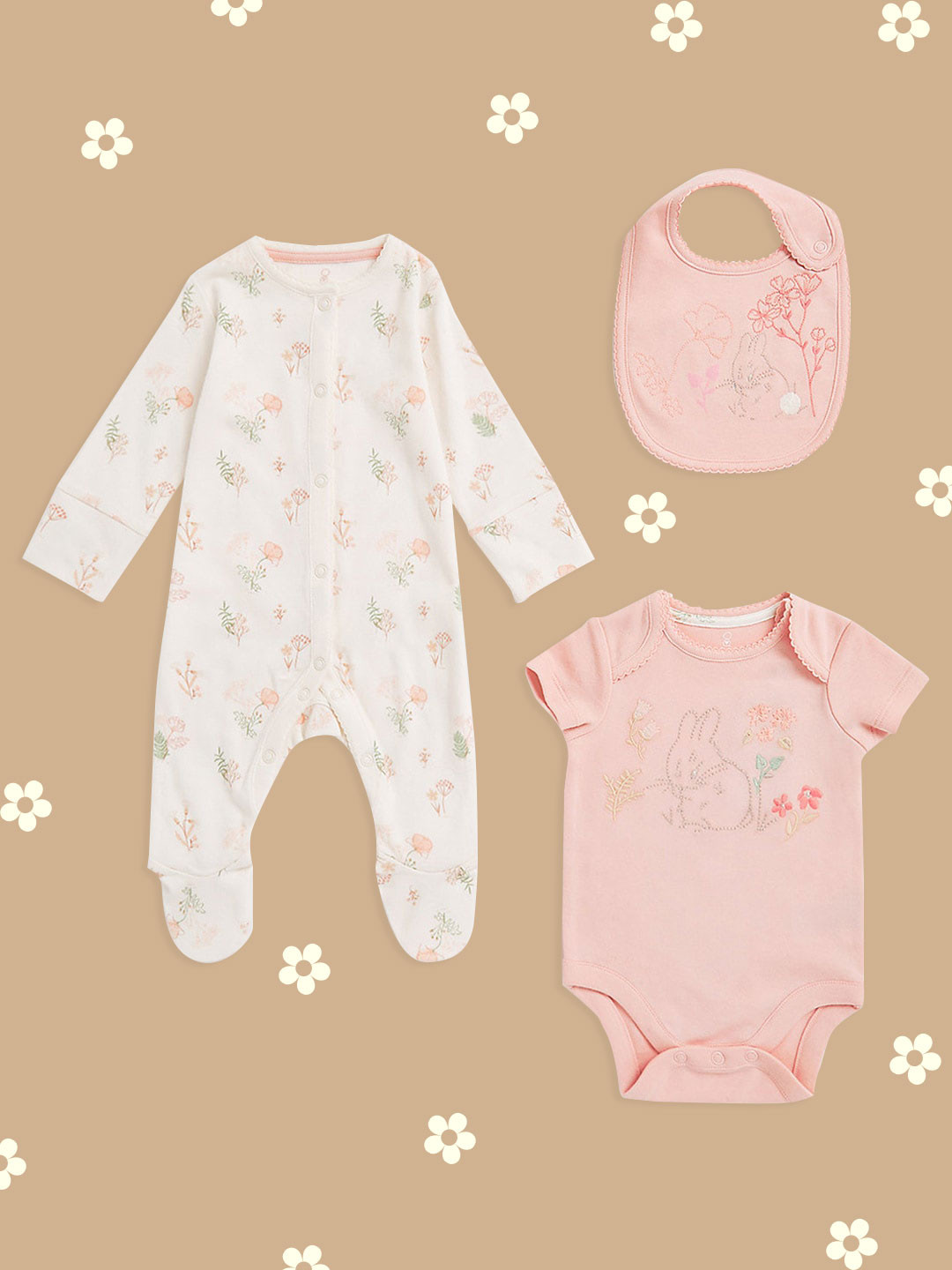 mothercare Girls Off White & Peach Pink Printed Pure Cotton Multipack Gift Set