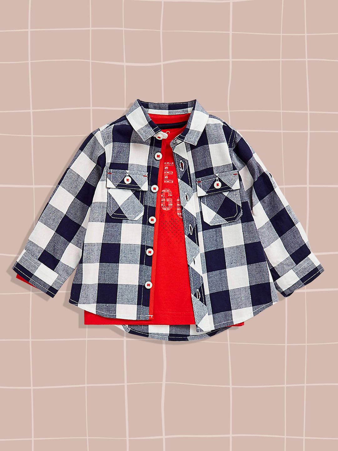 mothercare Boys White and Navy Blue Checked Casual Shirt with T-shirt