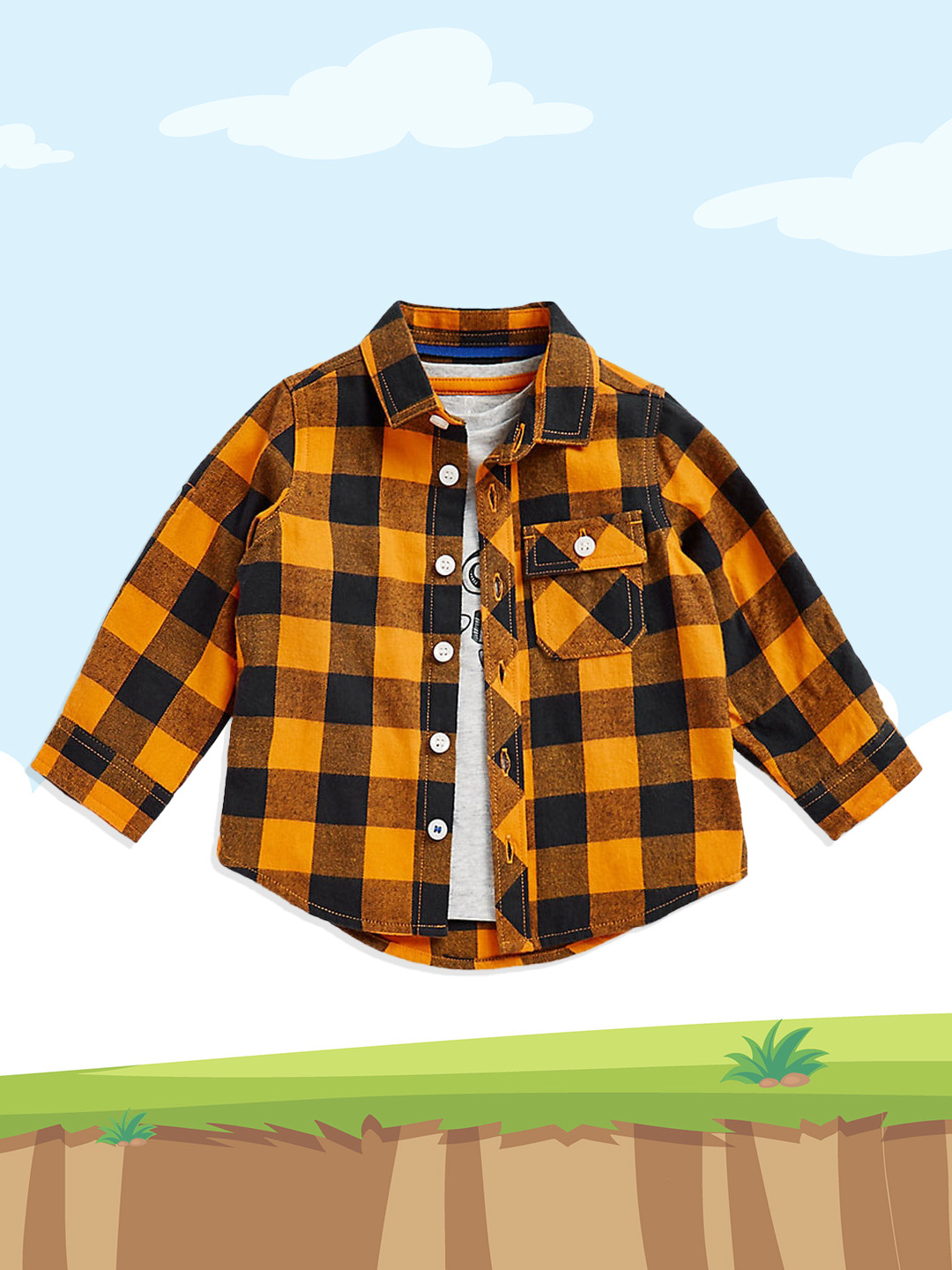 mothercare Infant Boys Yellow & Black Checked Casual Shirt with Tshirt