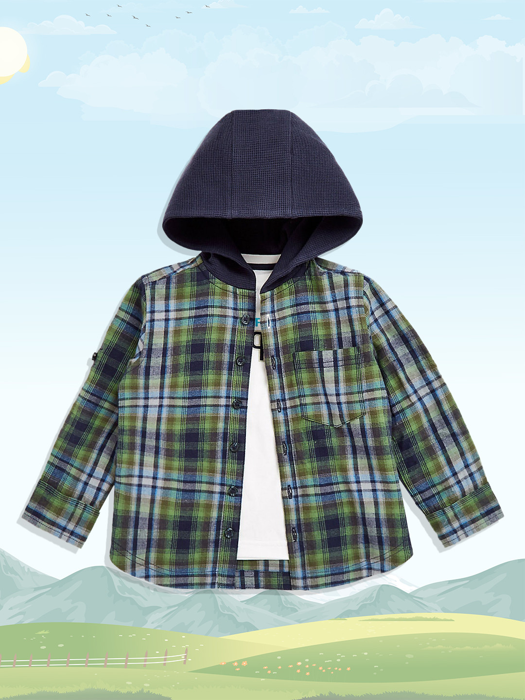 mothercare Boys Green & Navy Blue Checked Pure Cotton Casual Shirt with Tshirt