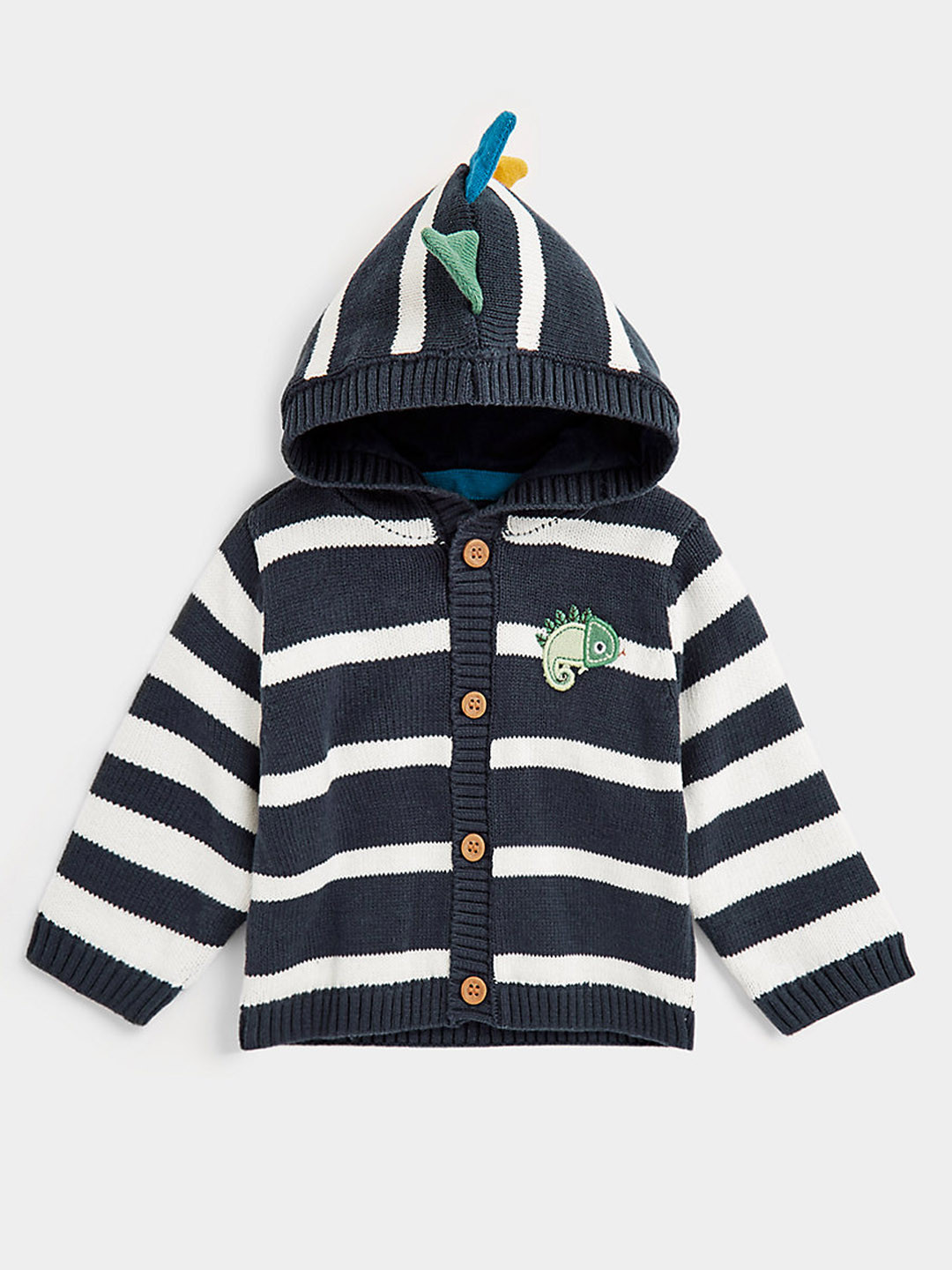mothercare Boys Navy Blue & White Striped Pure Cotton Cardigan with 3-D Applique Detail