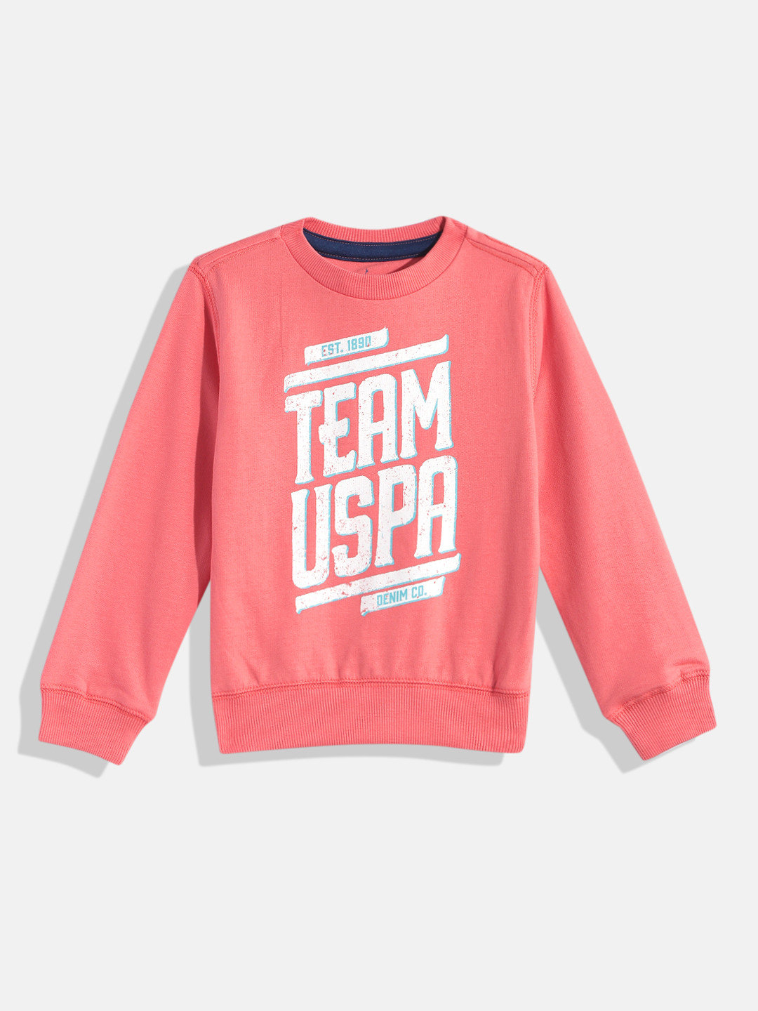U.S. Polo Assn. Kids Boys Coral Pink Brand Logo Printed Pure Cotton Sweatshirt