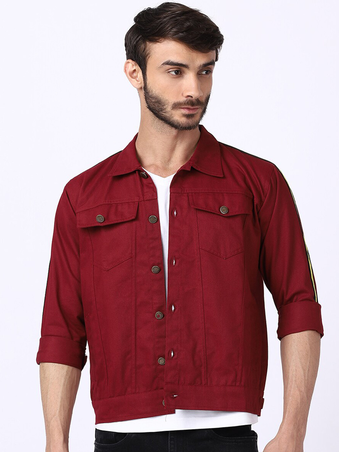 VOXATI Men Maroon Crop Denim Jacket