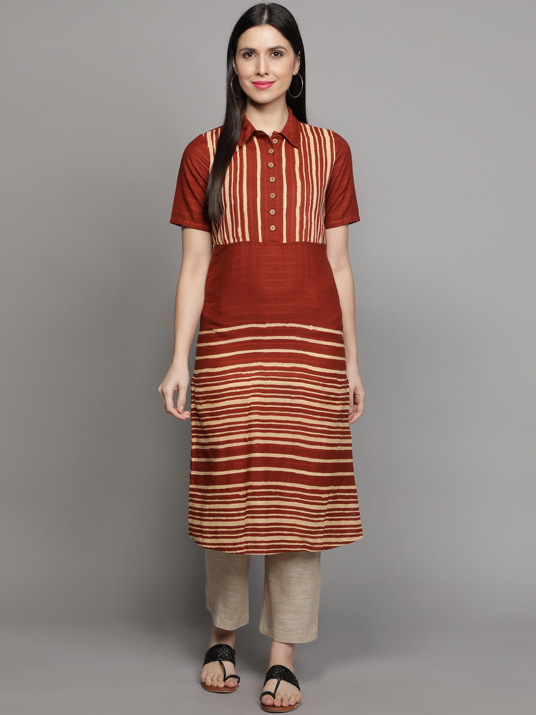 Cot'N Soft Women Brown Striped Shirt Collar Straight Kurta