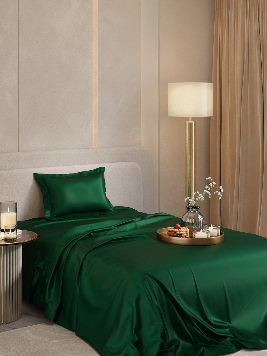 Stoa Paris Date Night Collection Green Sateen 300 TC Single Fine Bedsheet with a Pillow Cover-90 x 60 inches
