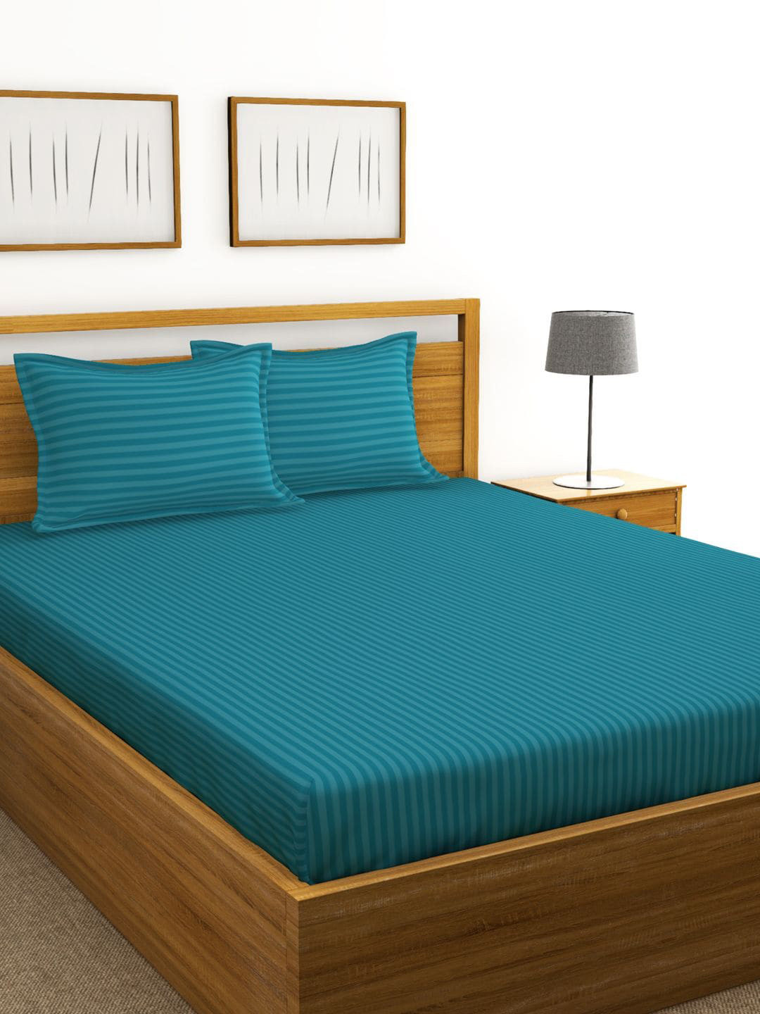 BIANCA Hilton Blue Striped Cotton 210 TC King Fine Bedsheet with 2 Pillow Covers-108 x 108 inches