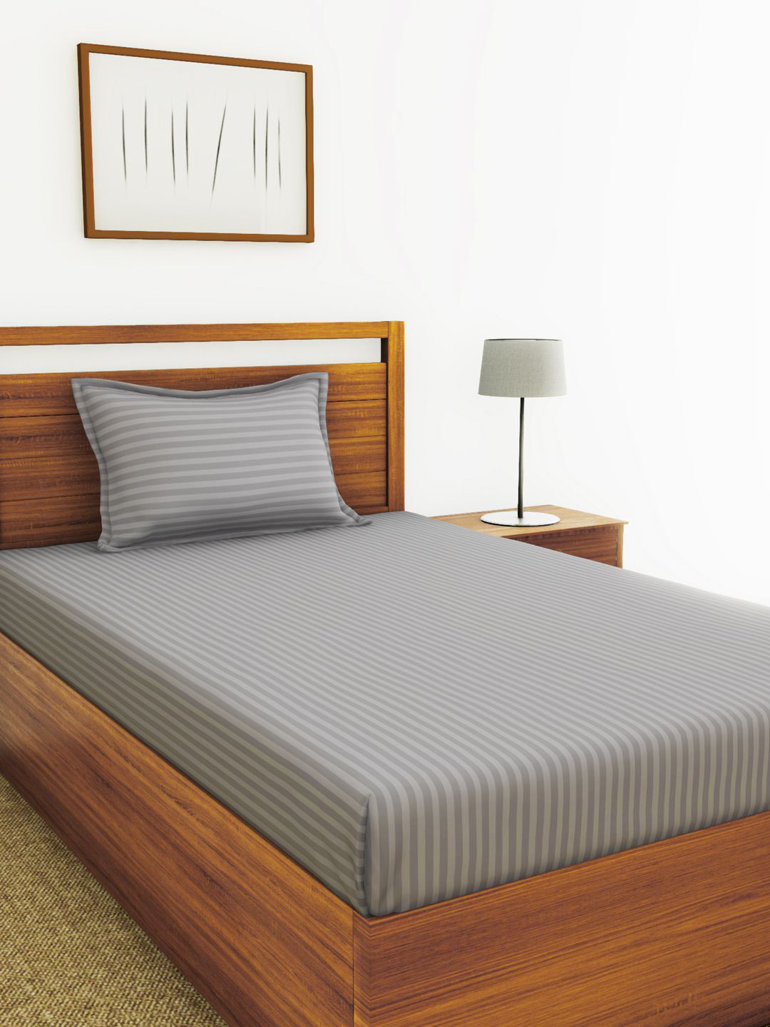 BIANCA Hilton Silver Striped Pure Cotton 210 TC Single Fine Bedsheet with a Pillow Cover-59 x 87 inches