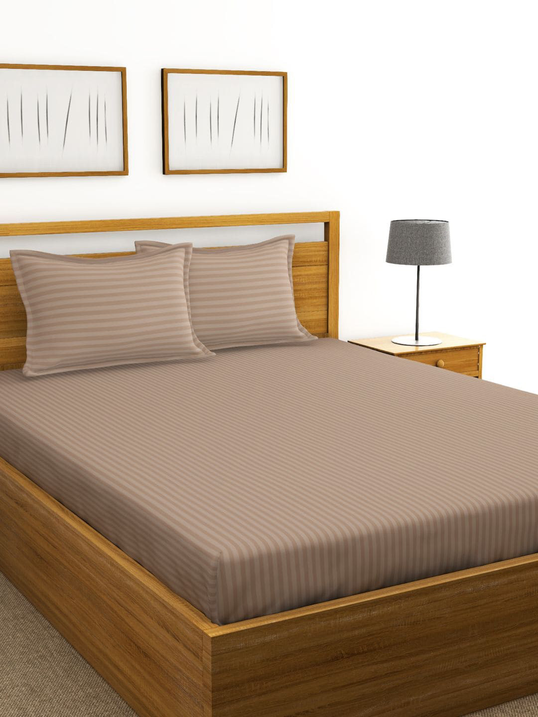 BIANCA Hilton Brown Striped Pure Cotton 210 TC King Fine Bedsheet with 2 Pillow Covers-108 x 108 inches