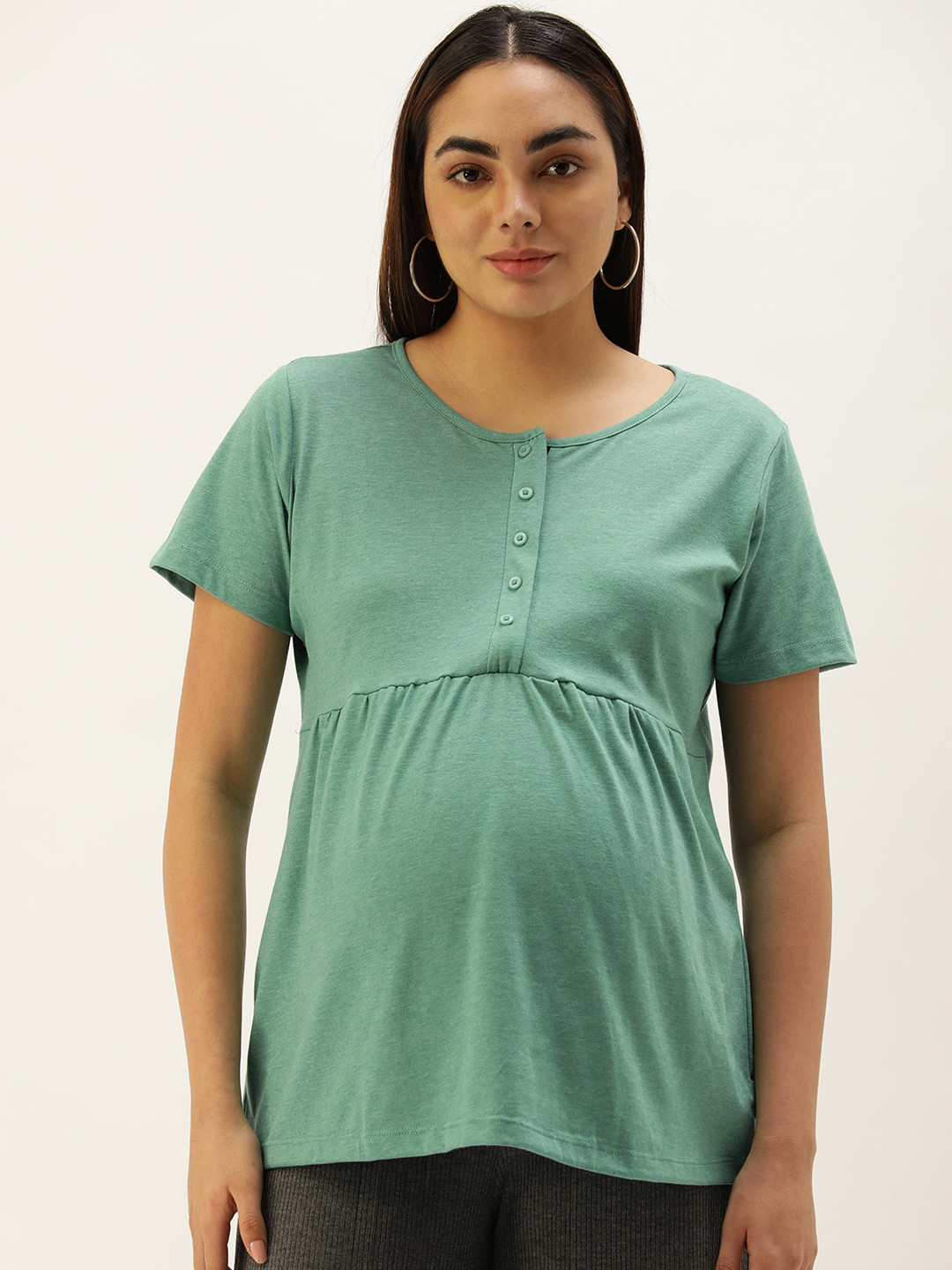 Nejo Sea Green Pure Cotton Solid Maternity Top